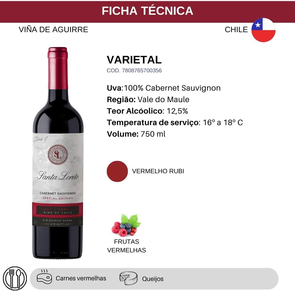 Vinho Fino Tinto Chileno Santa Loreto Varietal Cabernet Sauvignon 750ml - Imagem 4