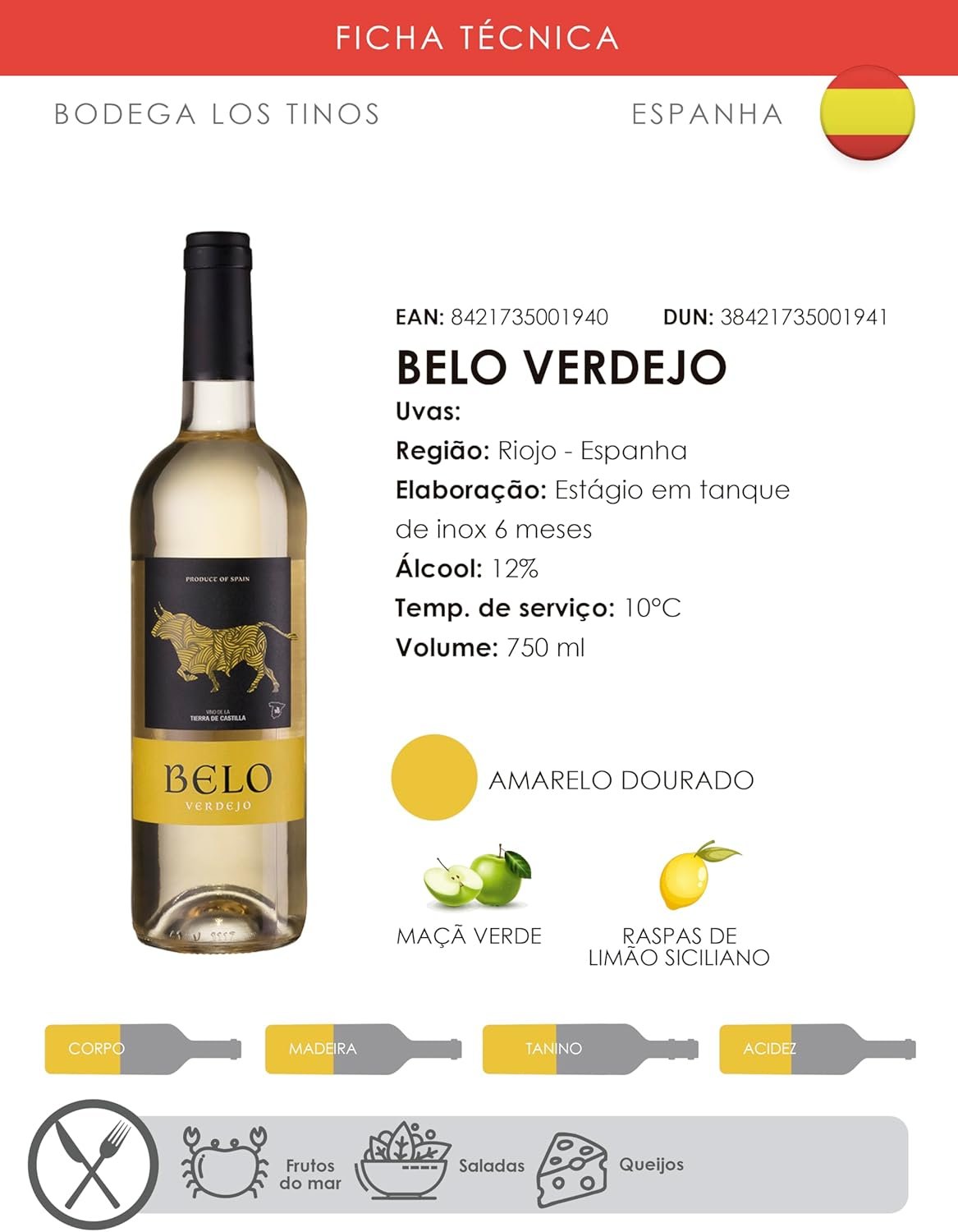 Bodegas Los Tinos Vinho Belo Verdejo Branco Espanha 750Ml - Imagem 4